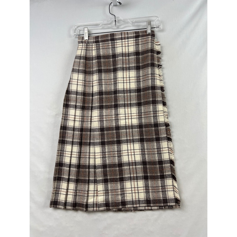 Murray Brothers Plaid Kilt Skirt Women 10 Brown Wool Pleated Fringed Scotland